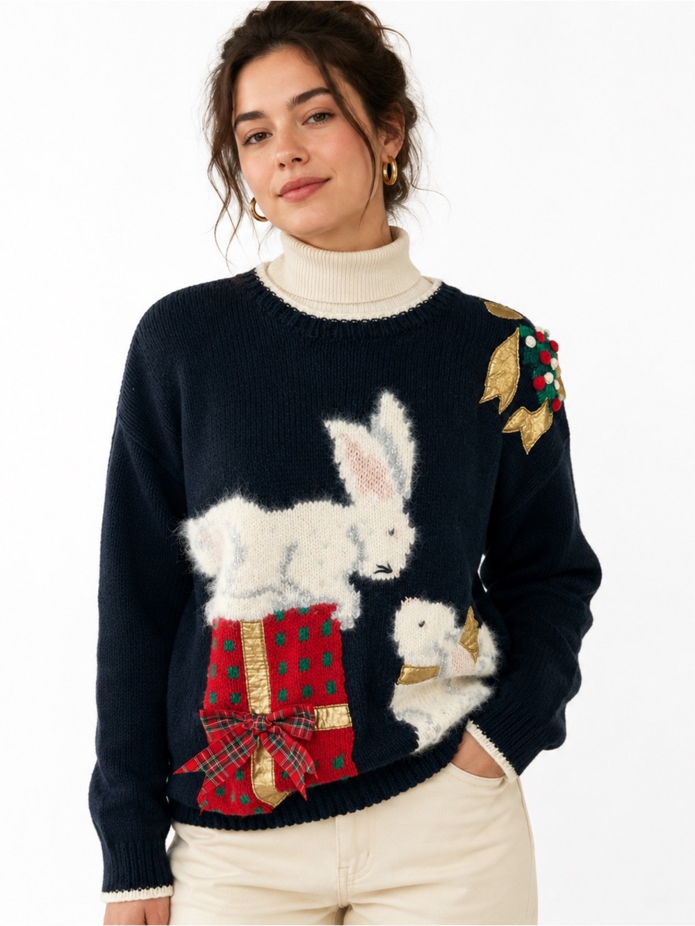 Vintage Monica Christina Christmas Bunny Sweater Whimsical Holiday Knit